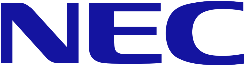 Blue NEC logo with bold, uppercase letters on a transparent background, representing audio visual systems.